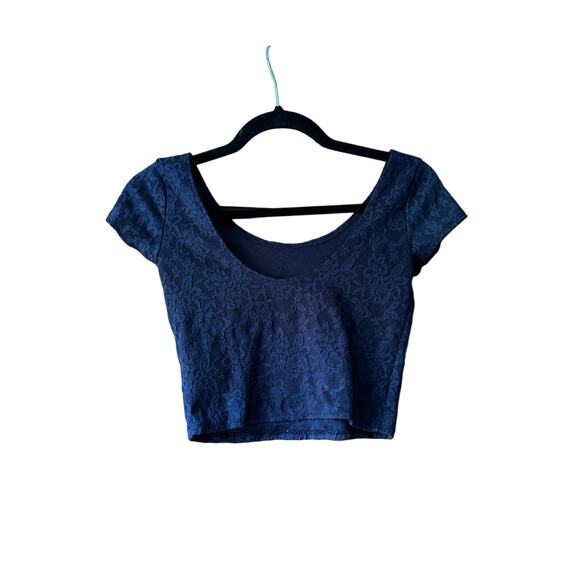 Abercrombie & Fitch Women Embroidery Floral Lace Cropped Blouse Top Blue Size S - Picture 2 of 10